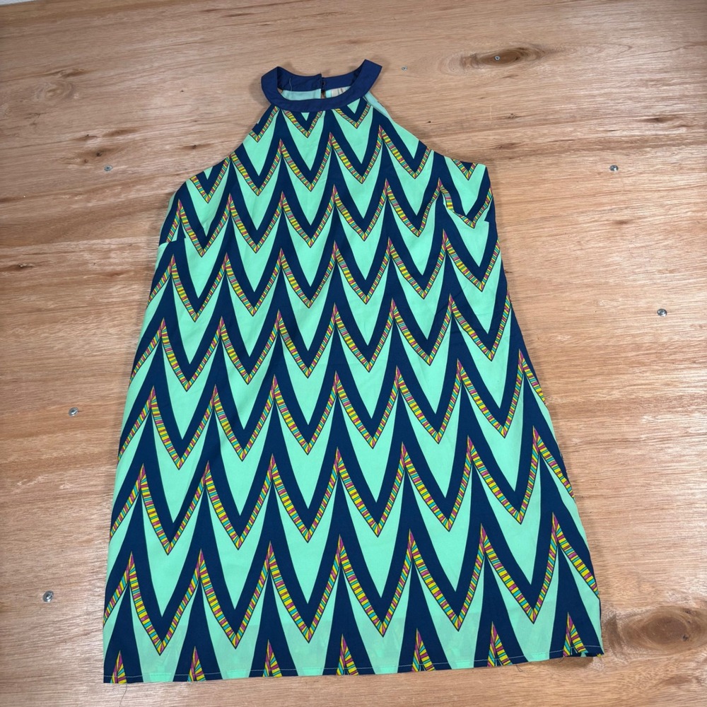 Hello Miss Teal Navy Chevron Zigzag Halter Neck Mini Dress Womens Medium